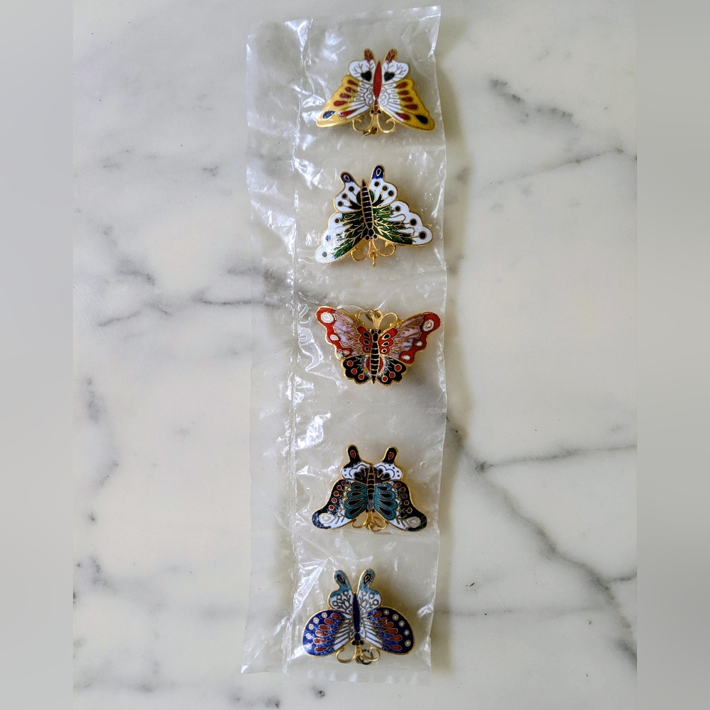 NWT. Vintage Cloisonné Enamel Butterfly Pin Brooch, Set of 5 pcs.